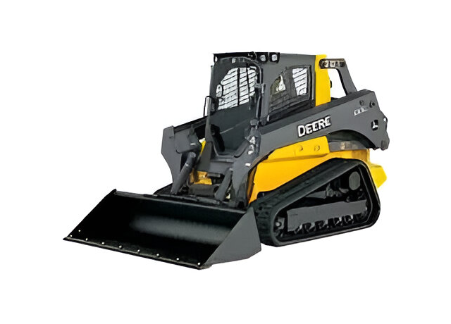 A yellow and black skid steer with its bucket on it