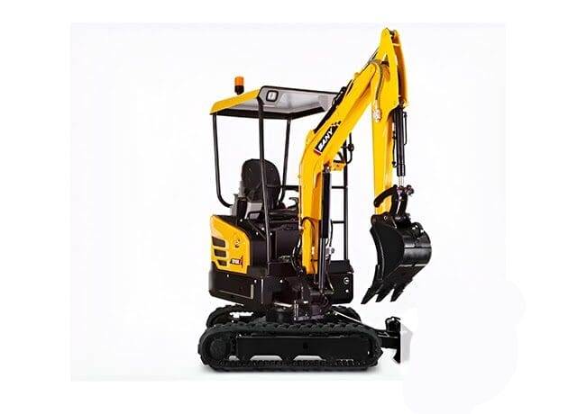 A yellow and black mini excavator with bucket on the back.