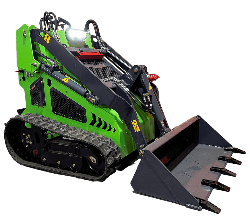 Green mini skid steer loader on black background.