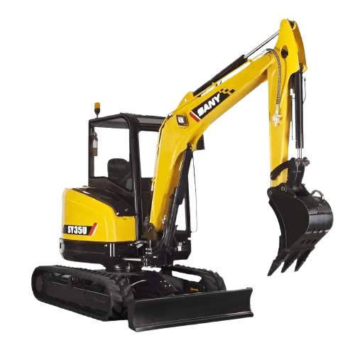 Small tracked yellow excavator with front blade