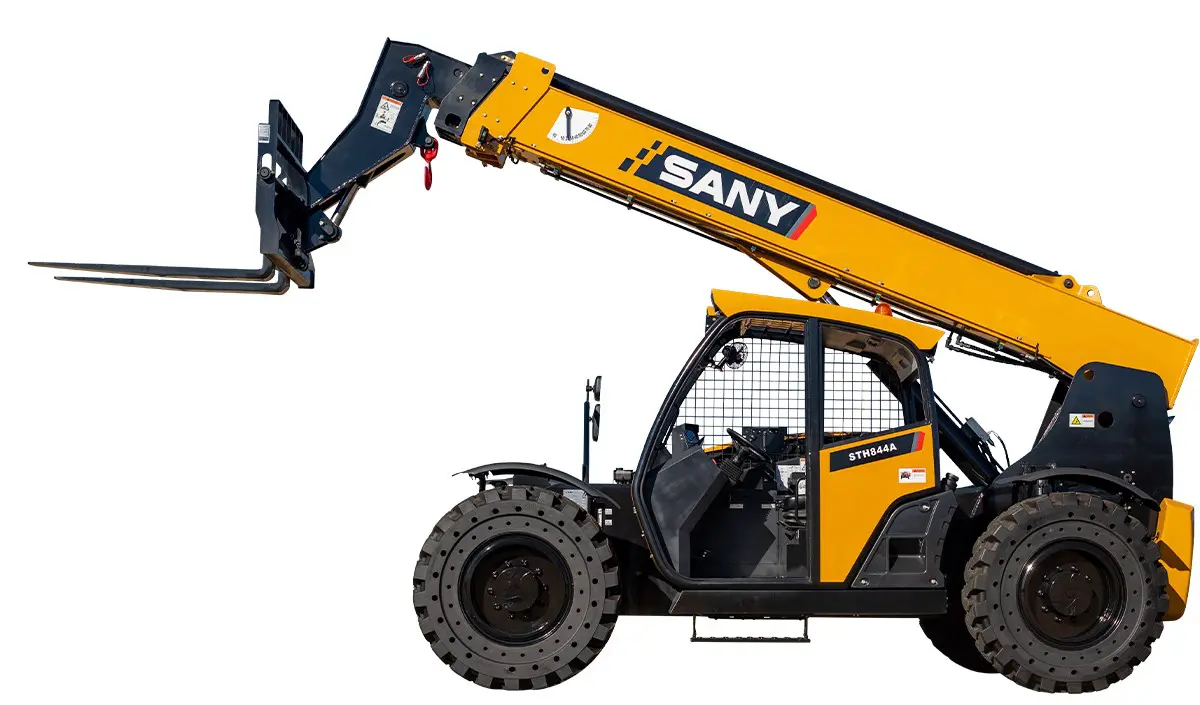 Yellow telescopic forklift on white background.